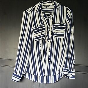 Express Navy and White Striped Button Down Shirt